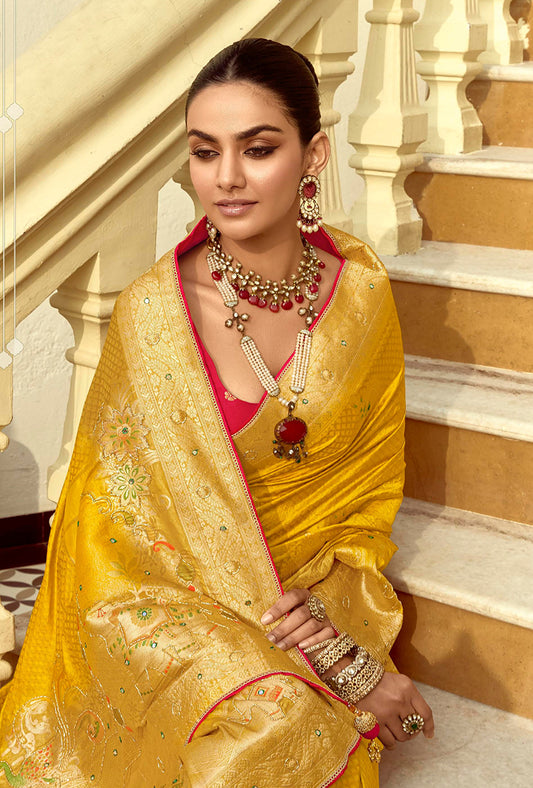 Yellow Silk Saree with Rich Zari Weaving & Contrast Blouse