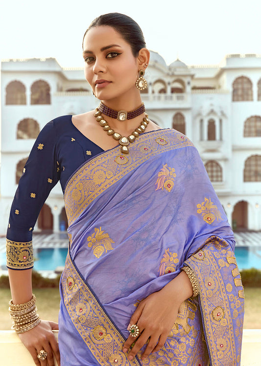 Lavender Silk Saree with Rich Zari Weaving & Contrast Blouse