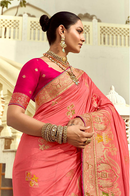 Peach Silk Saree with Rich Zari Weaving & Contrast Blouse