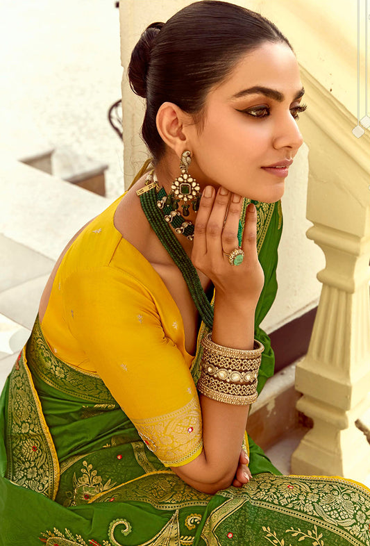 Green Silk Saree with Rich Zari Weaving & Contrast Blouse
