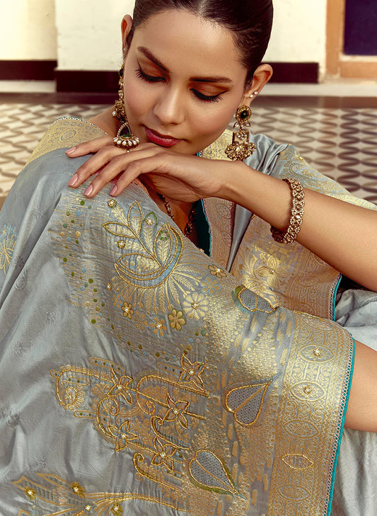 Gray Silk Saree with Rich Zari Weaving & Contrast Blouse