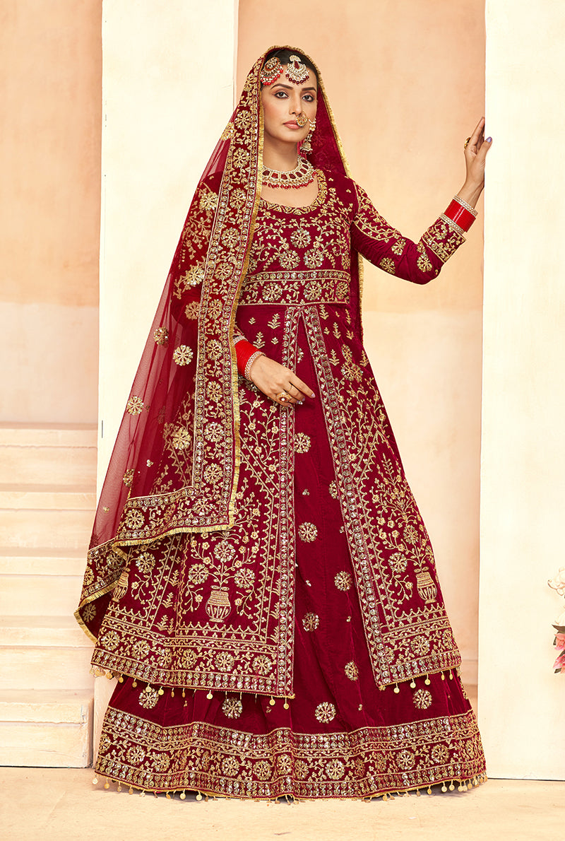 Red Velvet Embroidery Work Indo Western Suit