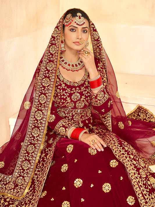 Red Velvet Embroidery Work Indo Western Suit