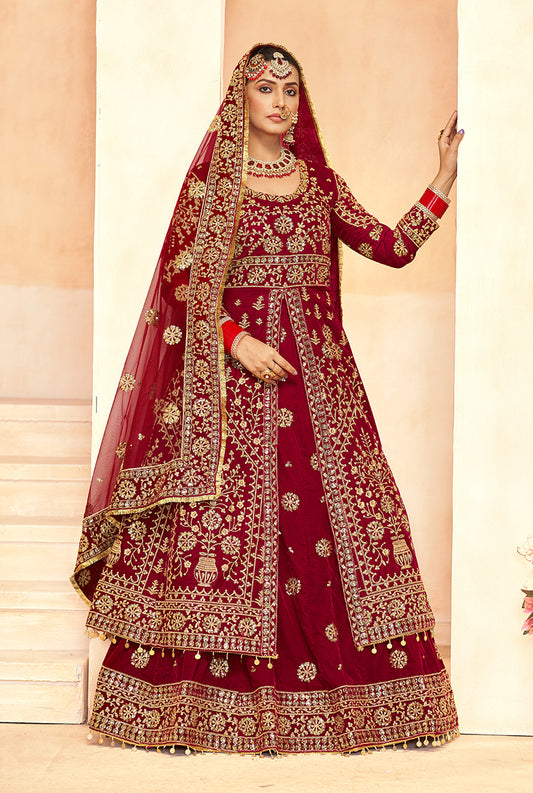 Red Velvet Embroidery Work Indo Western Suit