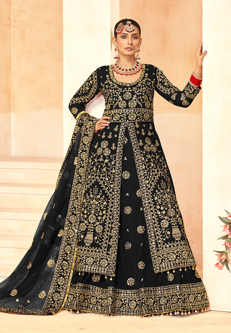 Black Velvet Embroidery Work Indo Western Suit