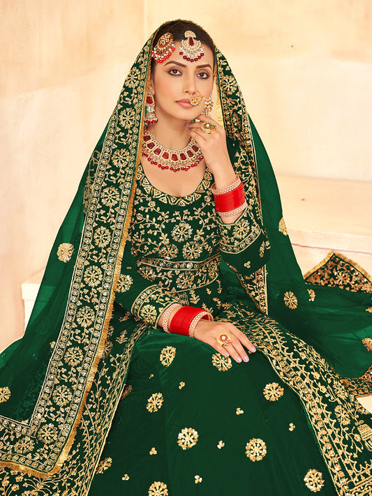 Dark Green Velvet Embroidery Work Indo Western Suit
