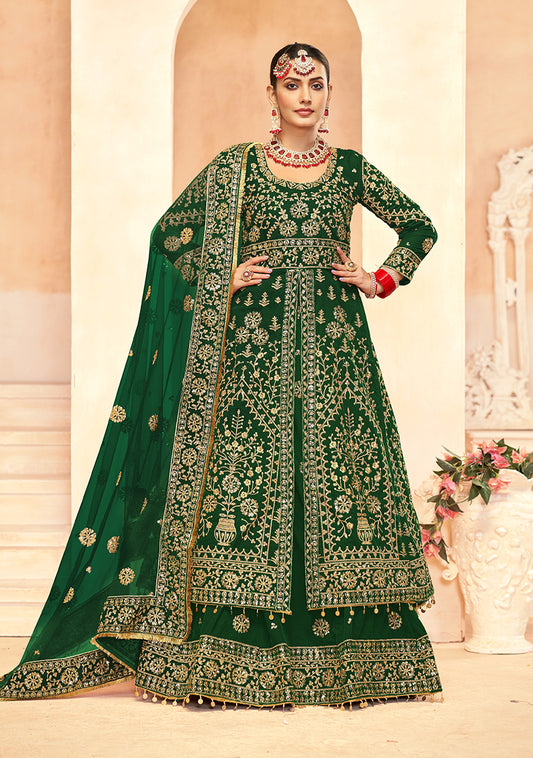 Dark Green Velvet Embroidery Work Indo Western Suit