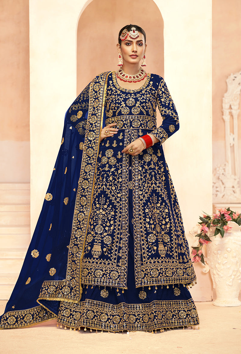 Navy blue Velvet Embroidery Work Indo Western Suit