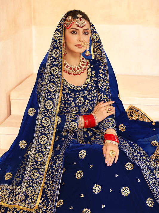 Navy blue Velvet Embroidery Work Indo Western Suit