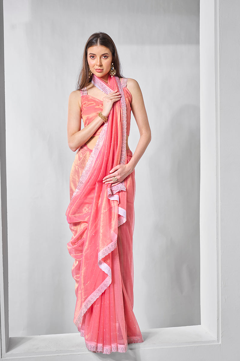 Pink Gold Tissue & Net Embellished Saree