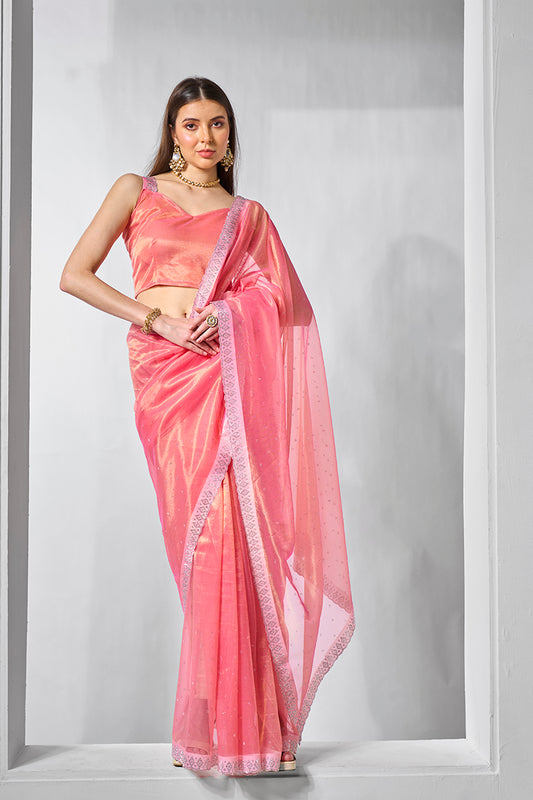 Pink Gold Tissue & Net Embellished Saree
