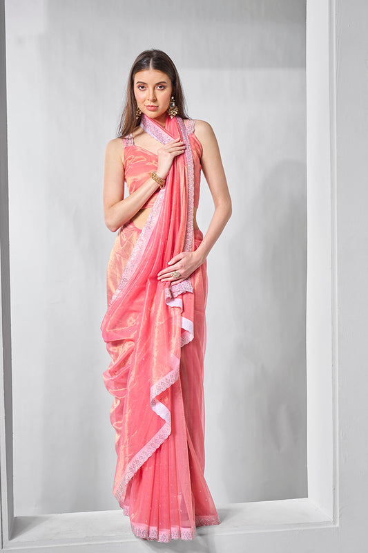 Pink Gold Tissue & Net Embellished Saree