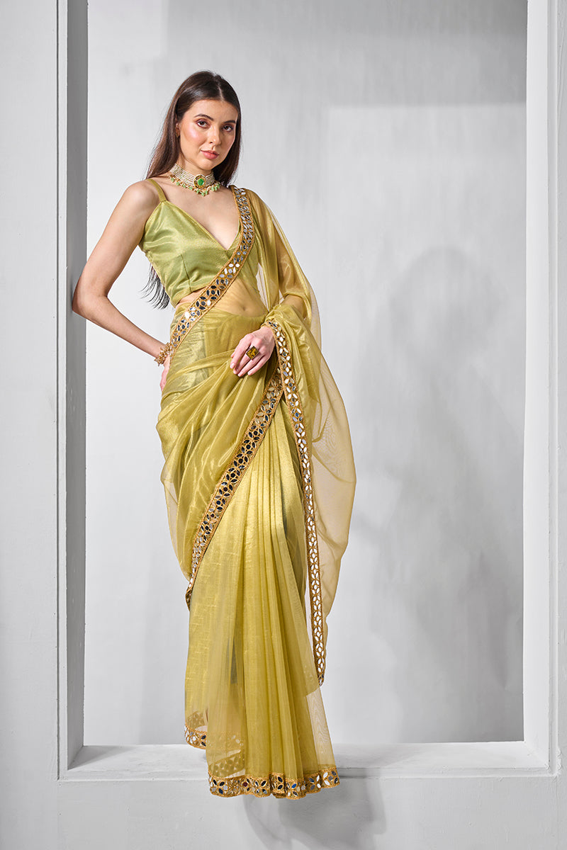 Olive Green Gold Tissue & Net Embellished Saree