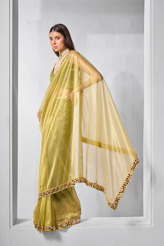Olive Green Gold Tissue & Net Embellished Saree