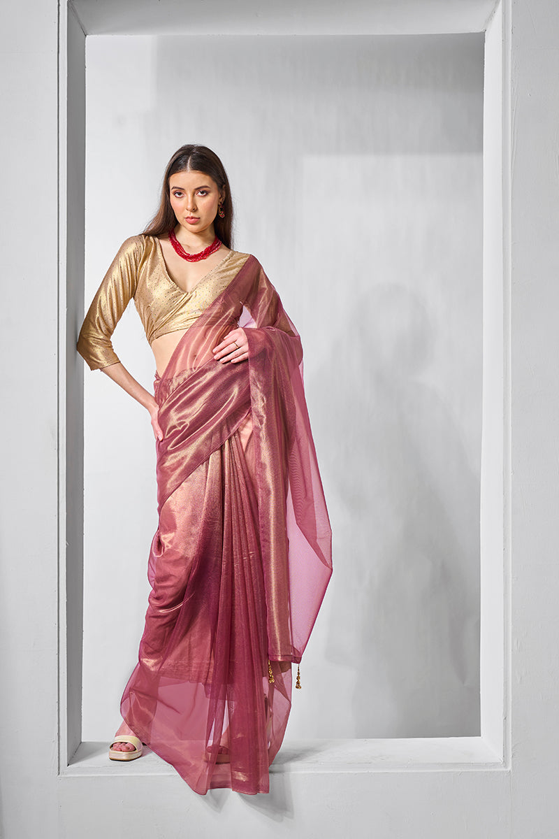Onion Pink Gold Tissue & Net Embellished Saree
