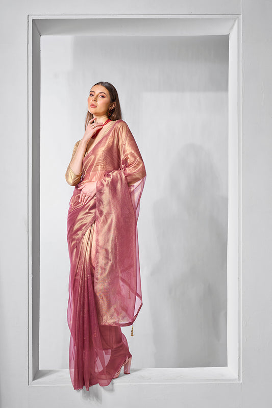 Onion Pink Gold Tissue & Net Embellished Saree