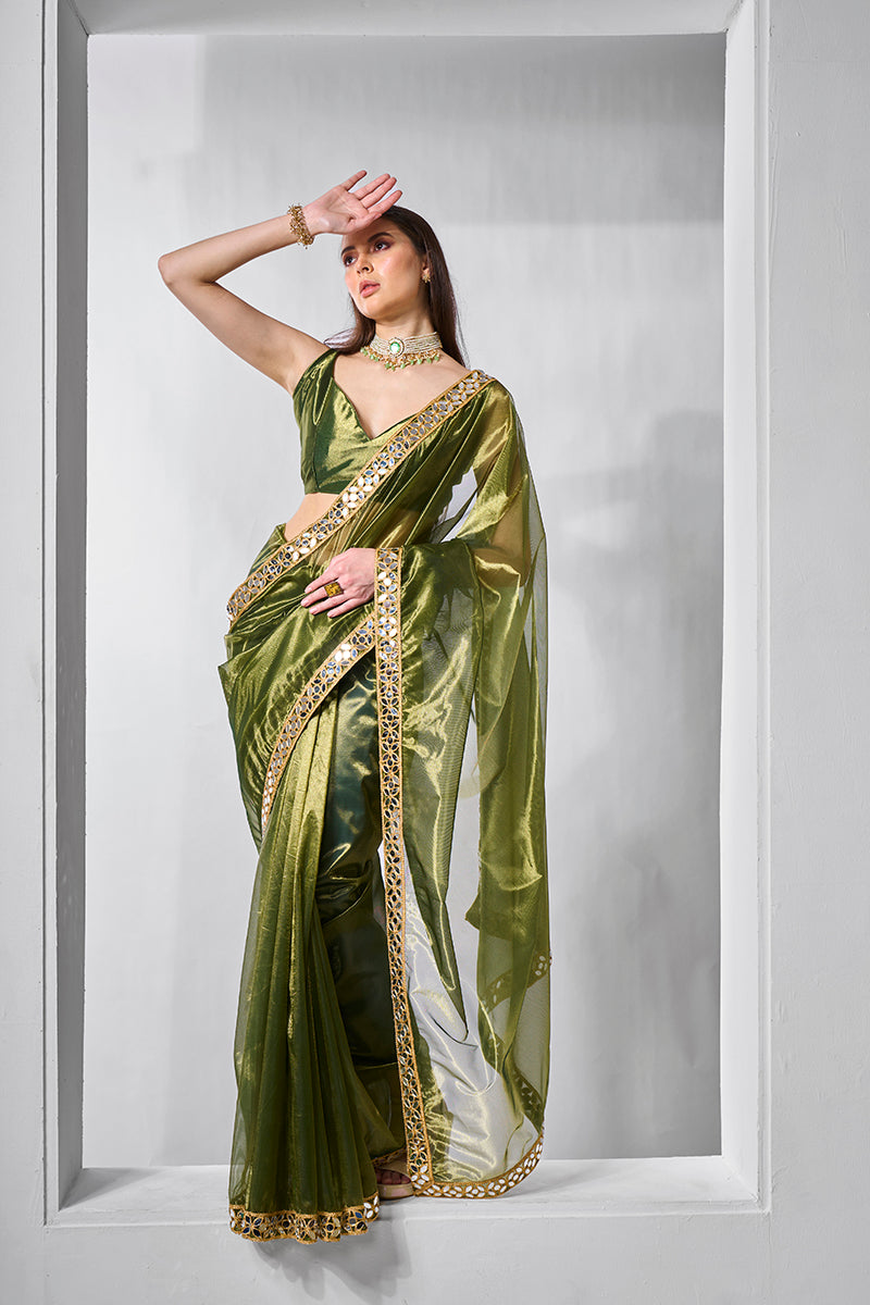 Green Gold Tissue & Net Embellished Saree