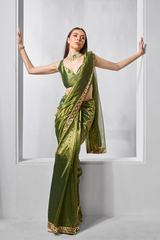 Green Gold Tissue & Net Embellished Saree