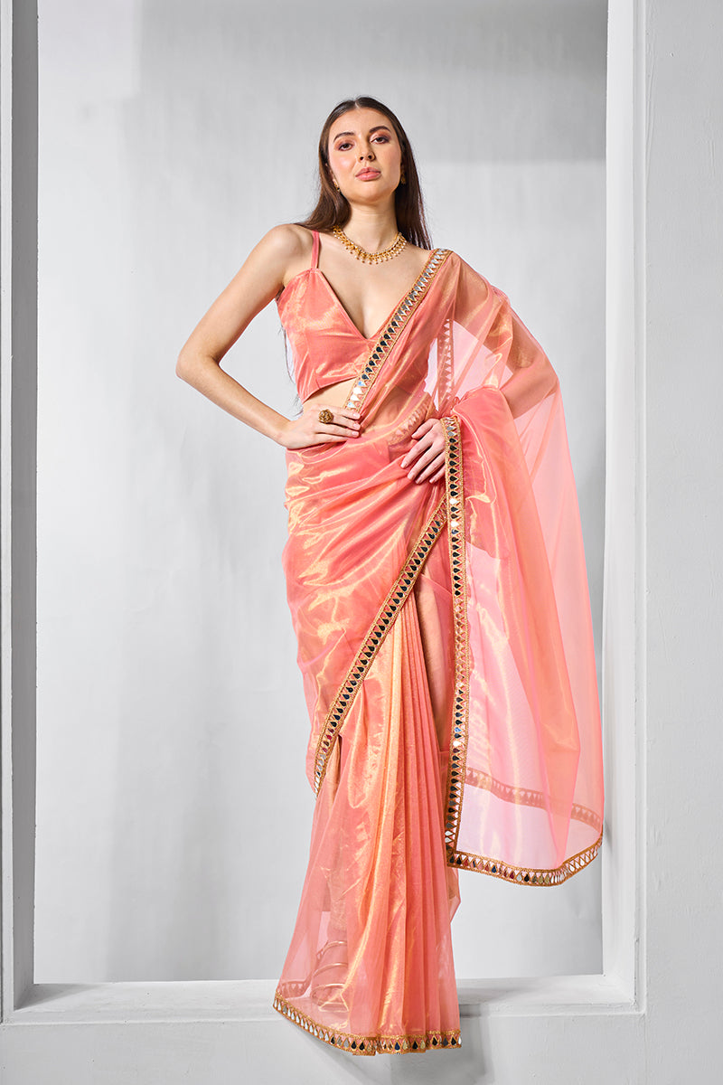 Peach Gold Tissue & Net Embellished Saree