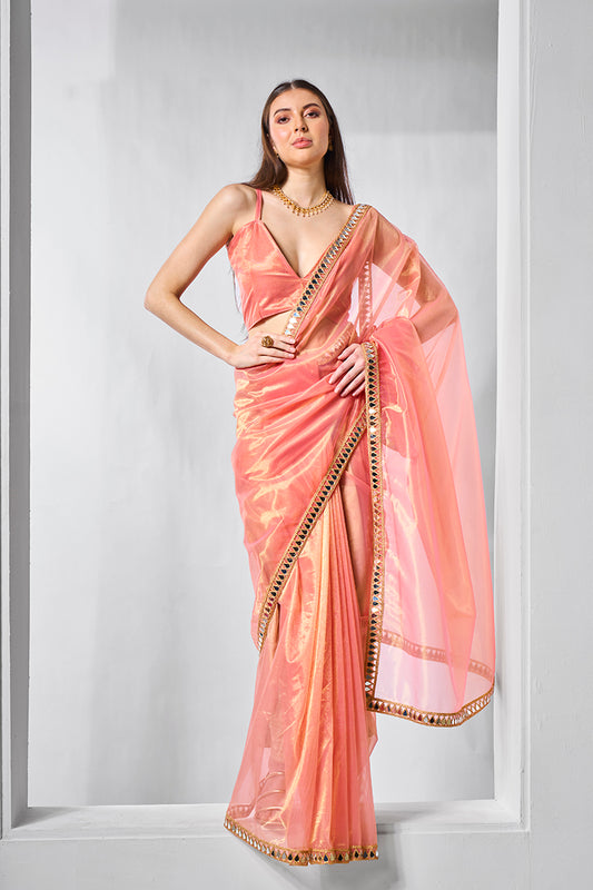 Peach Gold Tissue & Net Embellished Saree