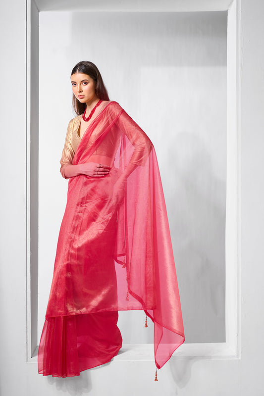 Red Gold Tissue & Net Fancy Saree