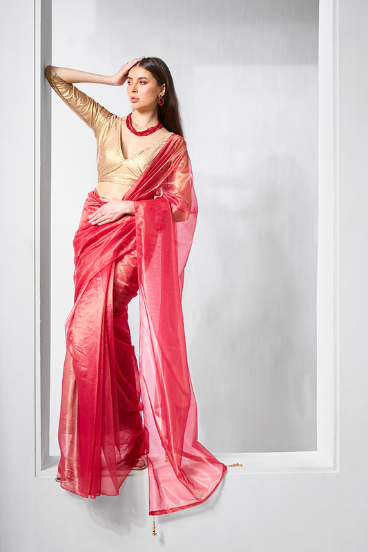 Red Gold Tissue & Net Fancy Saree