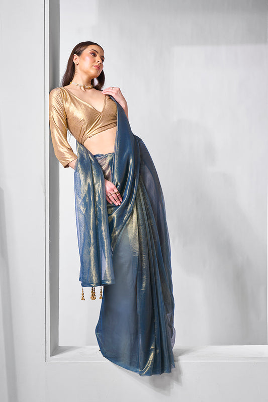 Blue Gold Tissue & Net Fancy Saree