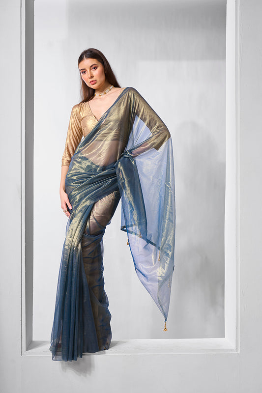 Blue Gold Tissue & Net Fancy Saree