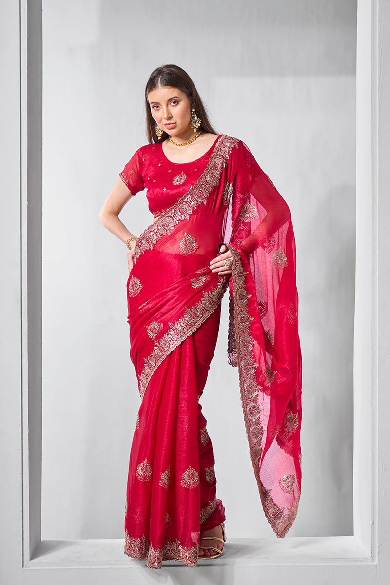 Red Chiffon Embroidered Saree