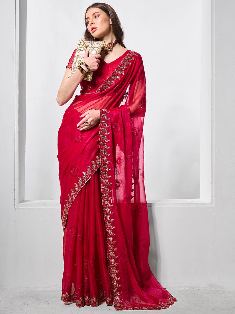 Red Chiffon Embroidered Saree
