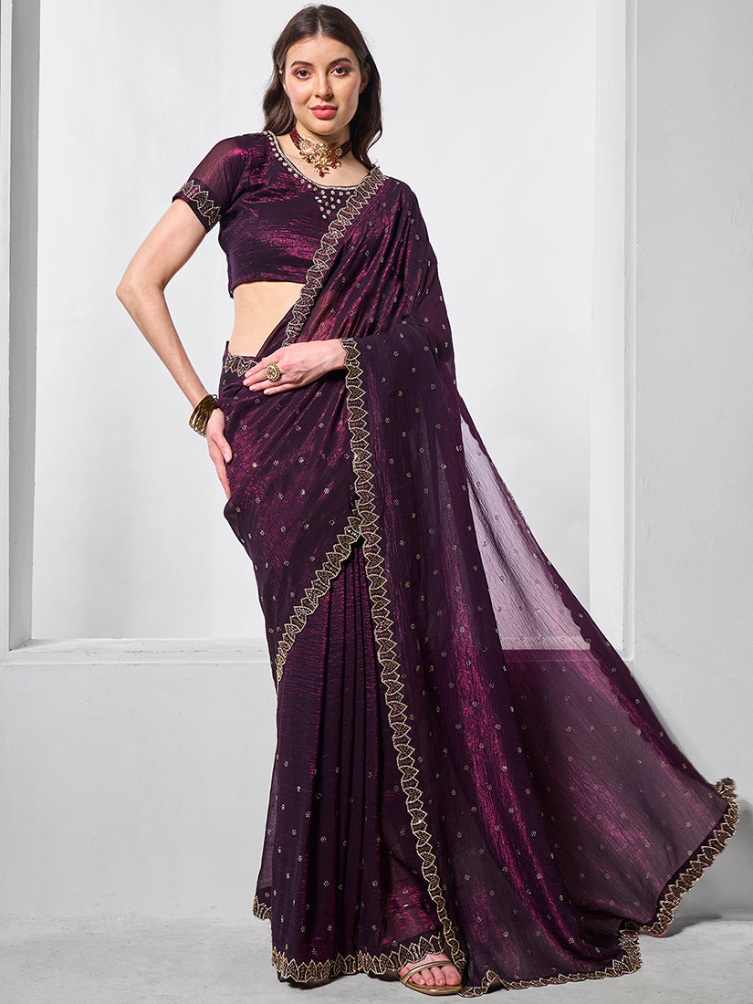 Wine Chiffon Embroidered Saree