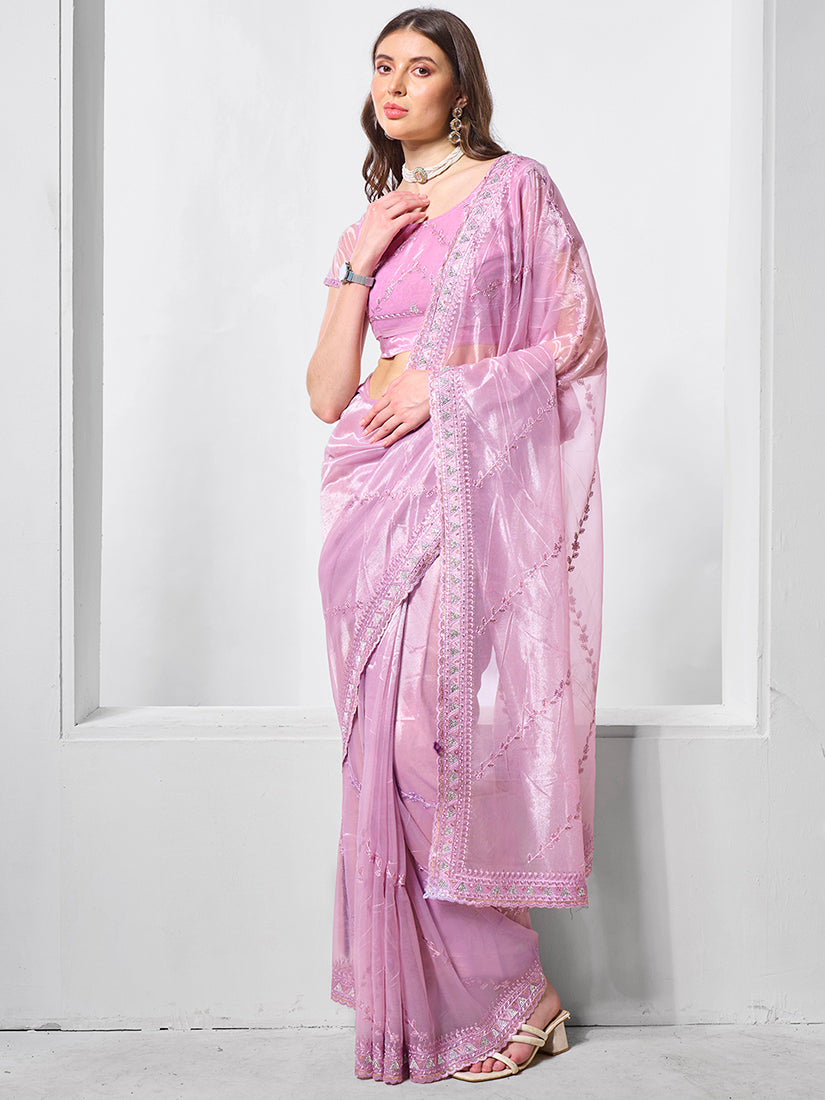 Light Purple Shimmer Chiffon Embroidered Saree