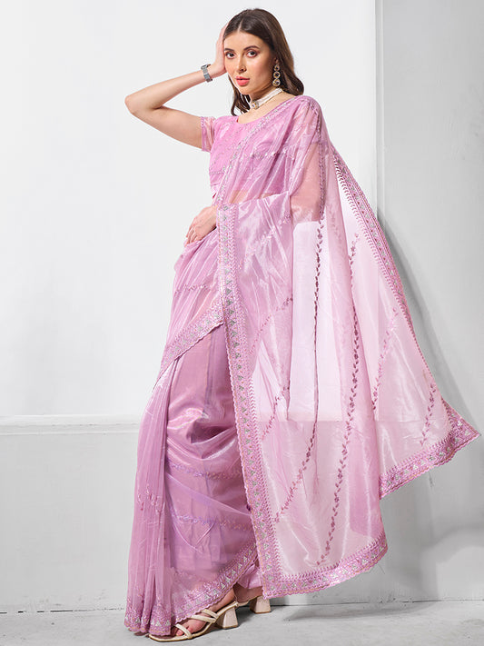 Light Purple Shimmer Chiffon Embroidered Saree