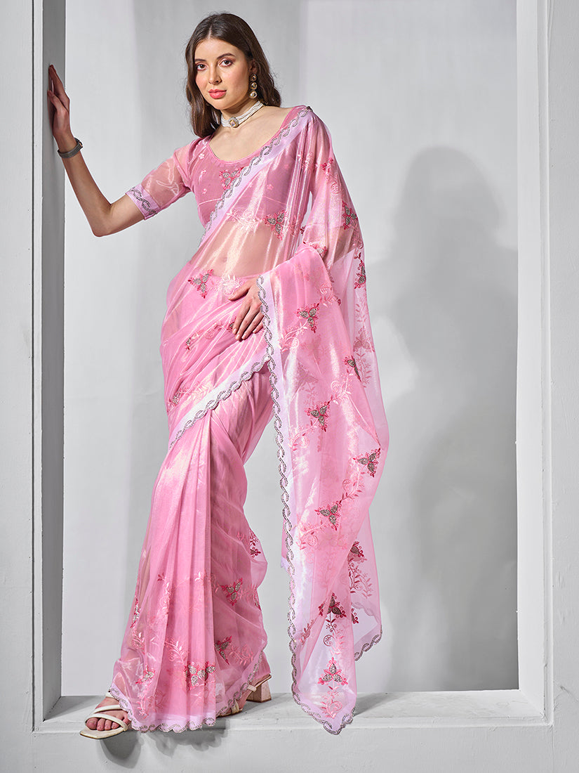 Pink Tissue & Net Embroidered Saree