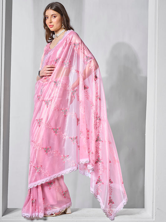 Pink Tissue & Net Embroidered Saree