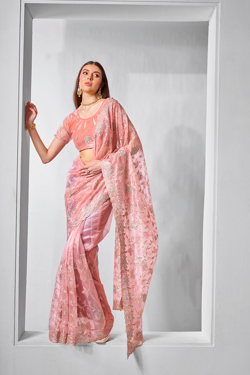 Peach Tissue & Net Embroidered Saree