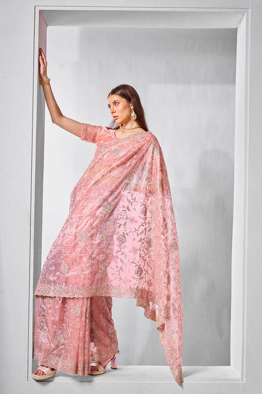 Peach Tissue & Net Embroidered Saree