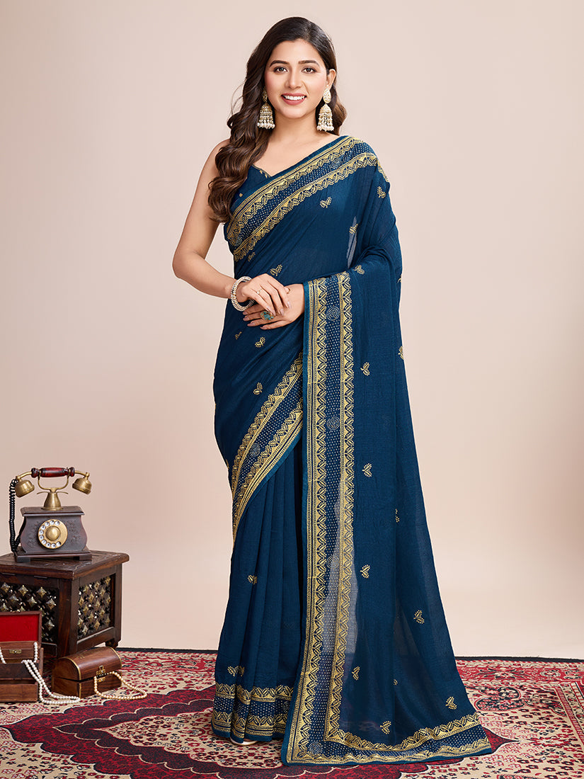 Teal Blue Vichitra Silk Embroidered Work Saree