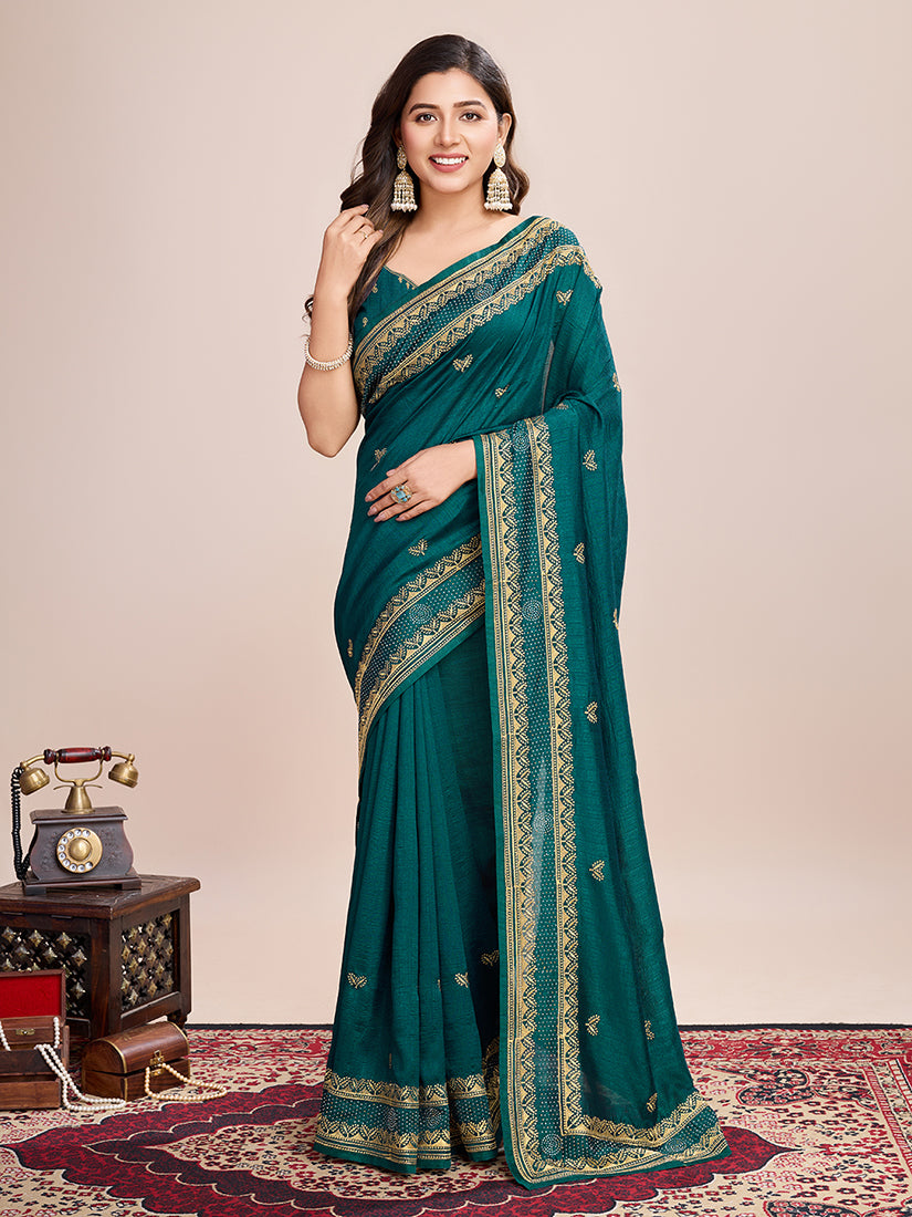 Rama Vichitra Silk Embroidered Work Saree