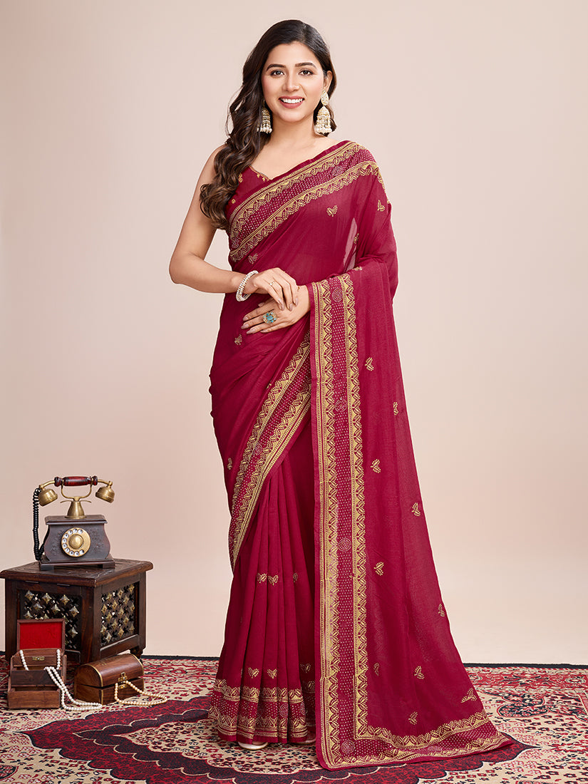Red Vichitra Silk Embroidered Work Saree