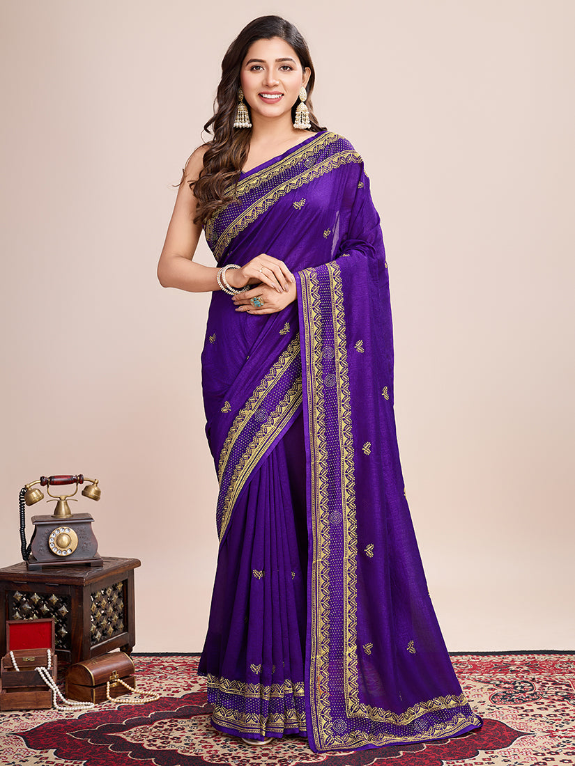 Violet Vichitra Silk Embroidered Work Saree