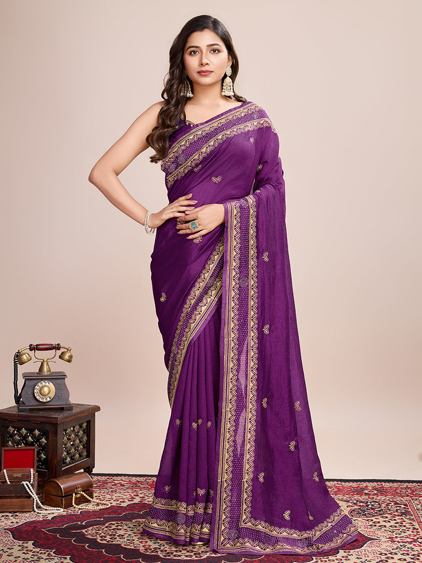 Purple Vichitra Silk Embroidered Work Saree