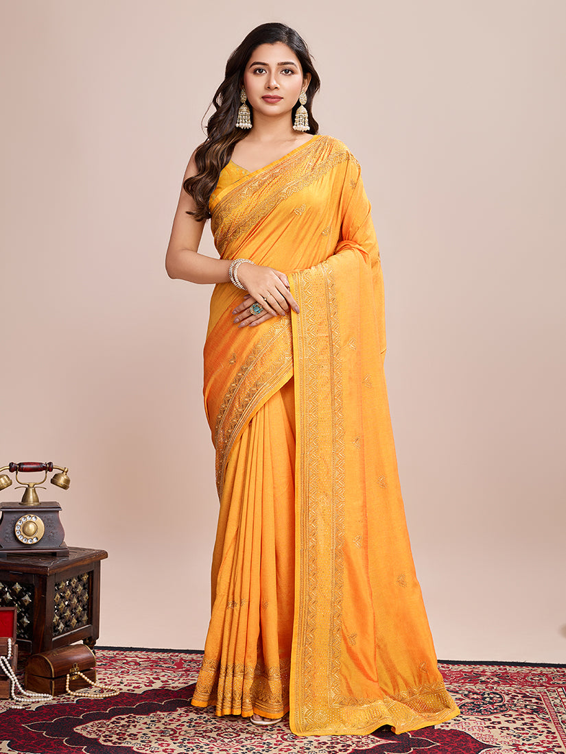 Mustard Vichitra Silk Embroidered Work Saree