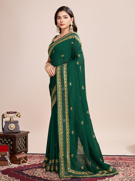 Green Vichitra Silk Embroidered Work Saree