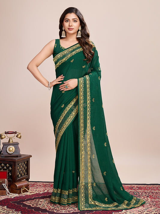 Green Vichitra Silk Embroidered Work Saree