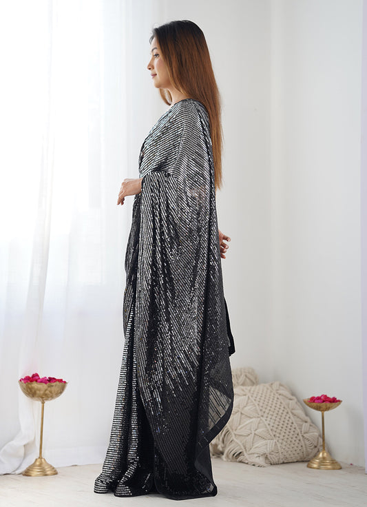 Black Georgette Embroidered Sequins Work Saree