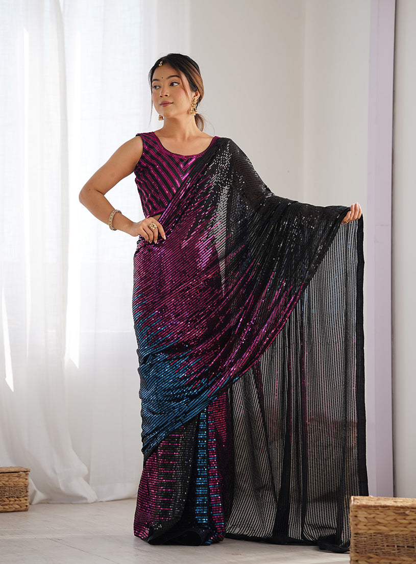 Black Georgette Embroidered Sequins Work Saree