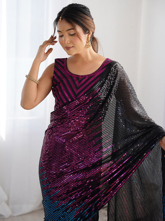 Black Georgette Embroidered Sequins Work Saree