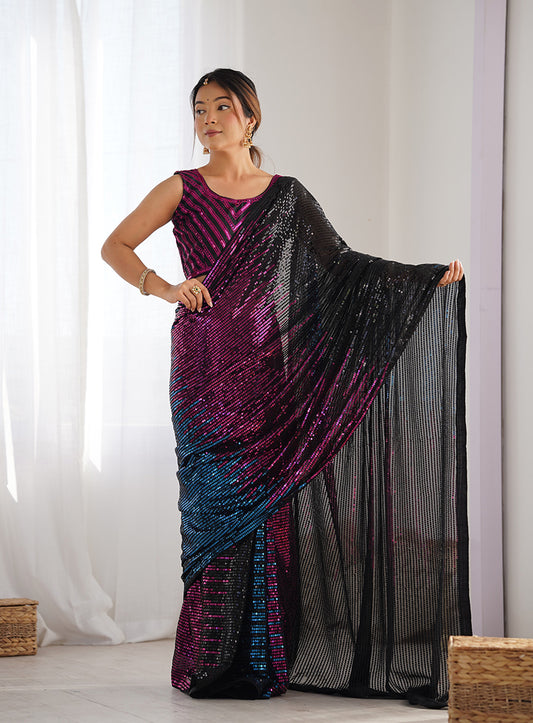 Black Georgette Embroidered Sequins Work Saree