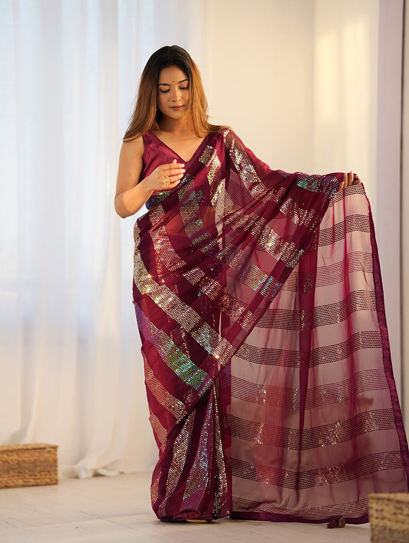 Maroon Georgette Embroidered Sequins Work Saree